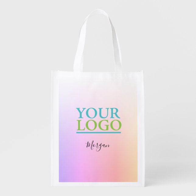 Your Logo/Art/Photo, Black Script Name, Rainbow Grocery Bag (Front)