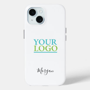 Your Logo/Art/Photo, Name Black Script, White iPhone 15 Case