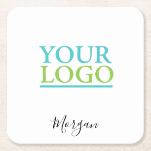 Your Logo/Art/Photo, Name Black Script, White Square Paper Coaster