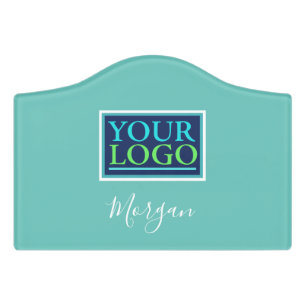 Your Logo/Art/Photo, Name White Script, Light Teal Door Sign