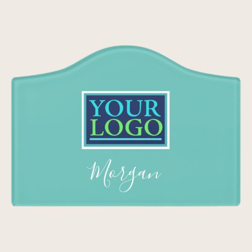 Your Logo/Art/Photo, Name White Script, Light Teal Door Sign