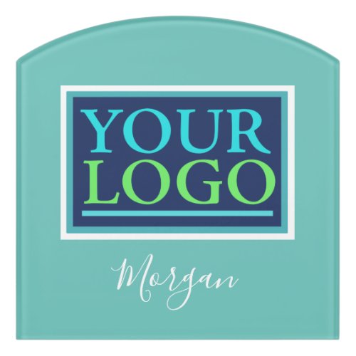 Your LogoArtPhoto Name White Script Light Teal Door Sign