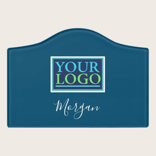 Your Logo/Art/Photo, Name White Script, Ocean Blue Door Sign