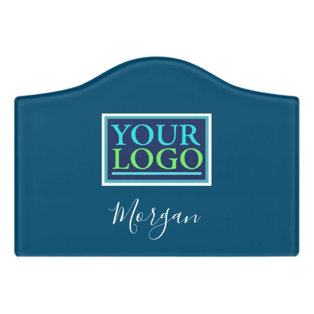 Your Logo/Art/Photo, Name White Script, Ocean Blue Door Sign (Small Crest Front)