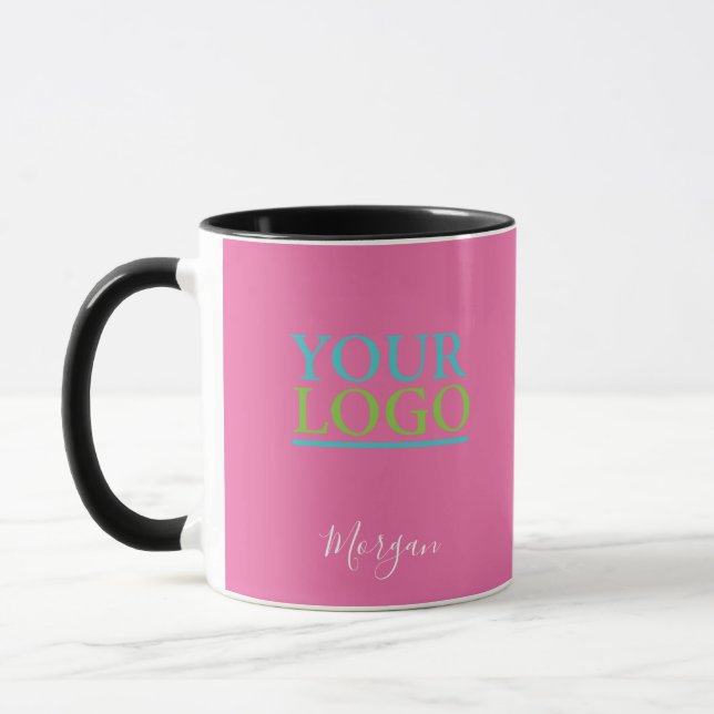 Your Logo/Art/Photo, Name White Script, Pink Mug (Left)