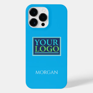 Your Logo/Art/Photo, White Name on Sky Blue iPhone 14 Pro Max Case