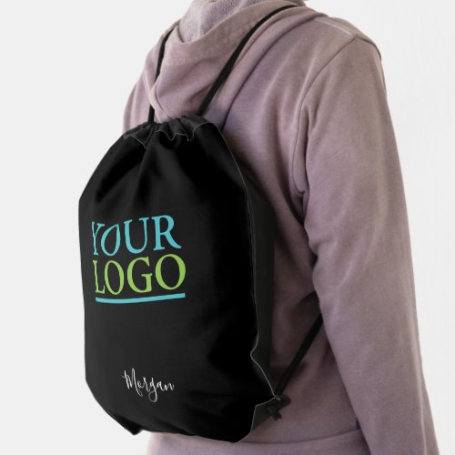 Your LogoArtPhoto White Script Name Black Drawstring Bag