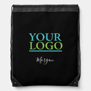 Your Logo/Art/Photo, White Script Name, Black Drawstring Bag