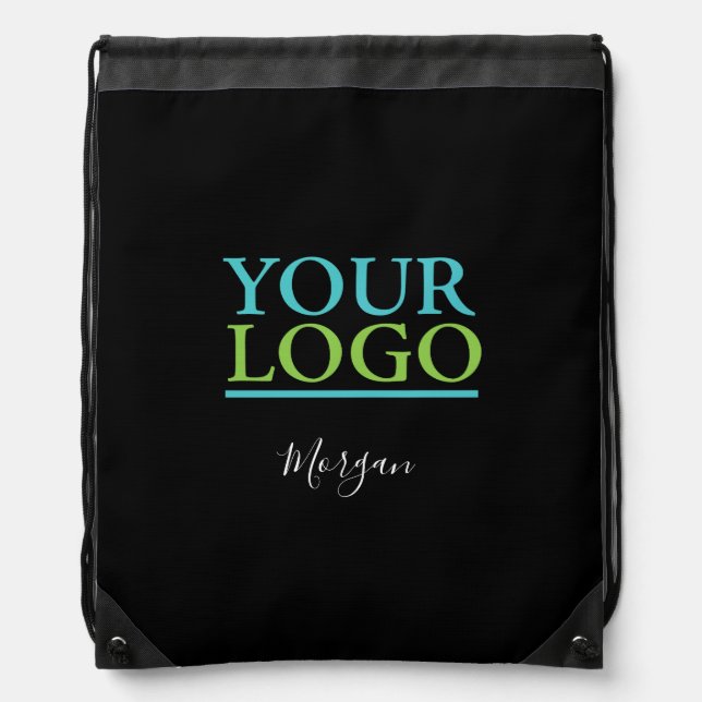 Your Logo/Art/Photo, White Script Name, Black Drawstring Bag (Front)
