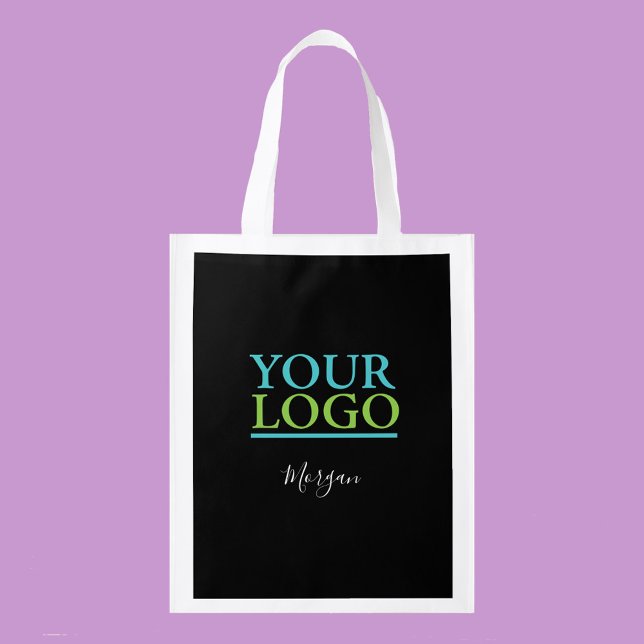 Your Logo/Art/Photo, White Script Name, Black Grocery Bag (Creator Uploaded)