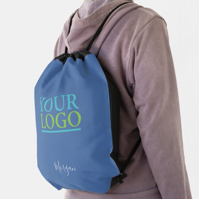 Your Logo/Art/Photo, White Script Name, Blue Drawstring Bag (Insitu)