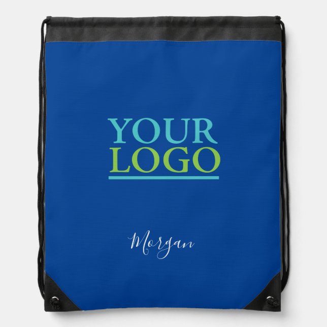 Your Logo/Art/Photo, White Script Name, Deep Blue Drawstring Bag (Front)