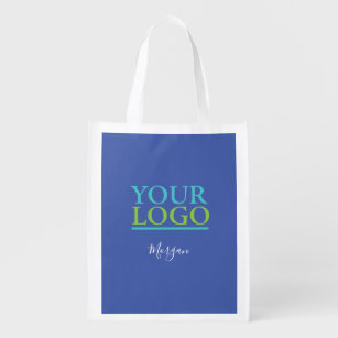 Your Logo/Art/Photo, White Script Name, Med. Blue Grocery Bag