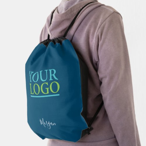 Your LogoArtPhoto White Script Name Ocean Blue Drawstring Bag