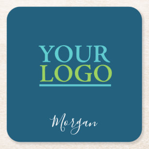 Your Logo/Art/Photo, White Script Name, Ocean Blue Square Paper Coaster