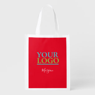 Your Logo/Art/Photo, White Script Name, Red Grocery Bag