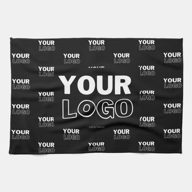 Your Logo & Background Repeating Logo | Black Kitchen Towel (Horizontal)