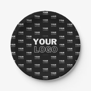Your Logo & Background Repeating Logo Black Paper Plates
