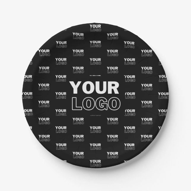 Your Logo & Background Repeating Logo | Black Paper Plates (Front)
