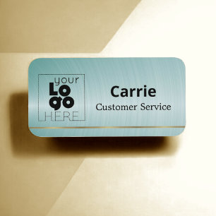 Your Logo Brushed Aqua Blue Name Tag with Gold