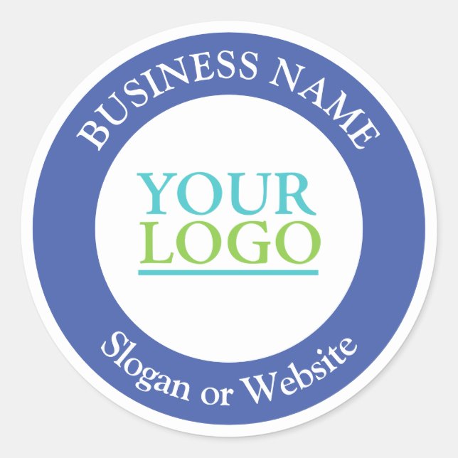 Your Logo Bus. Name, Slogan, Any Text, Blue Circle Classic Round Sticker (Front)