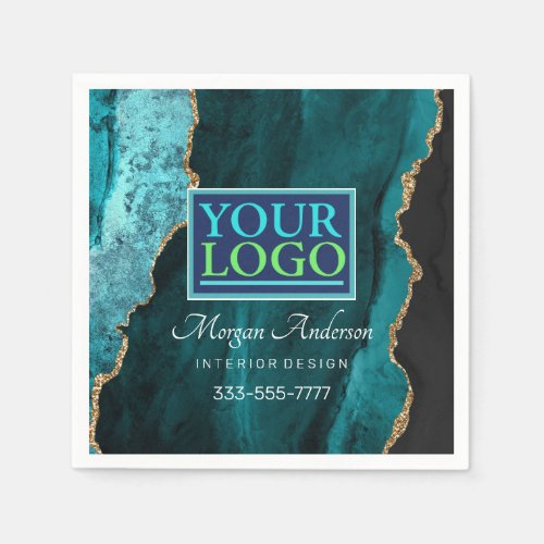 Your Logo Business DIY Teal Black  Gold Agate Napkins