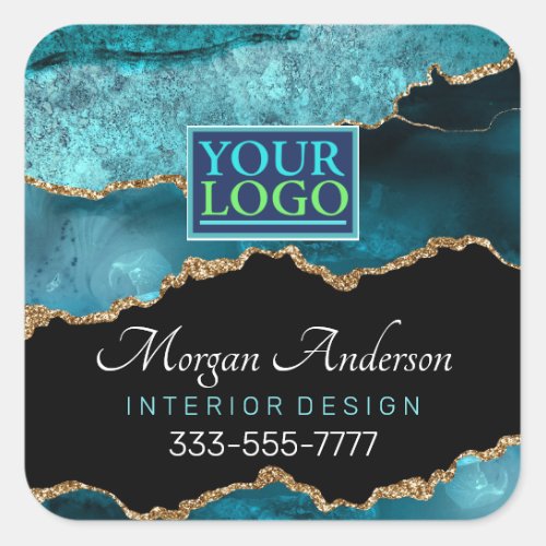 Your Logo Business DIY Teal Black  Gold Agate S Square Sticker