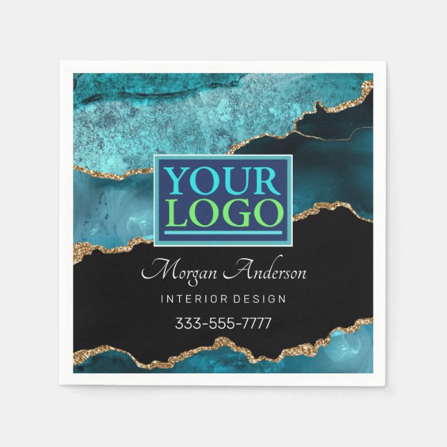 Your Logo, Business DIY, Teal Black Gold Agate Vs3 Napkins (Front)