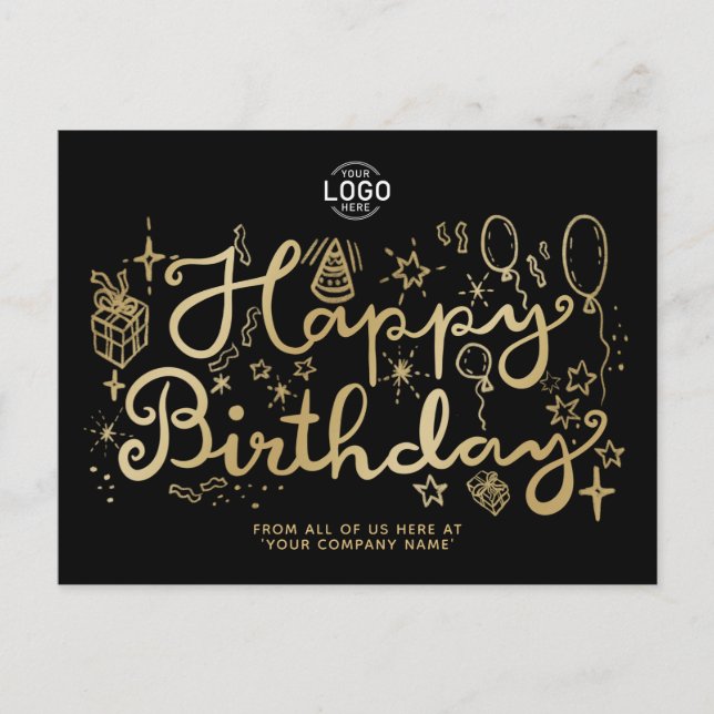 Your Logo Business Fun Doodle Gold Happy Birthday Holiday Postcard (Front)