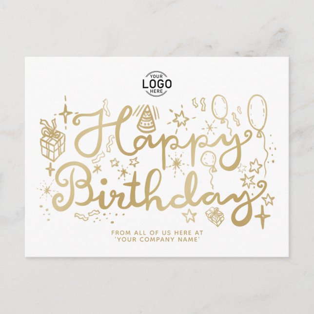 Your Logo Business Fun Gold White Happy Birthday Holiday Postcard (Front)