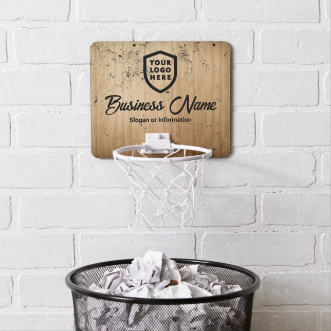 Your Logo Business | Grunge Wood Mini Basketball Hoop (In Situ)