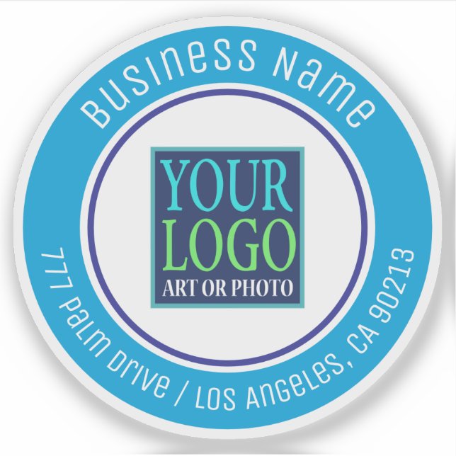 Your Logo, Business Name, Address, Blue Circle Sticker (Front)