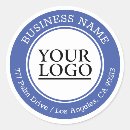 Your Logo Business Name Address Med Blue  White Classic Round Sticker