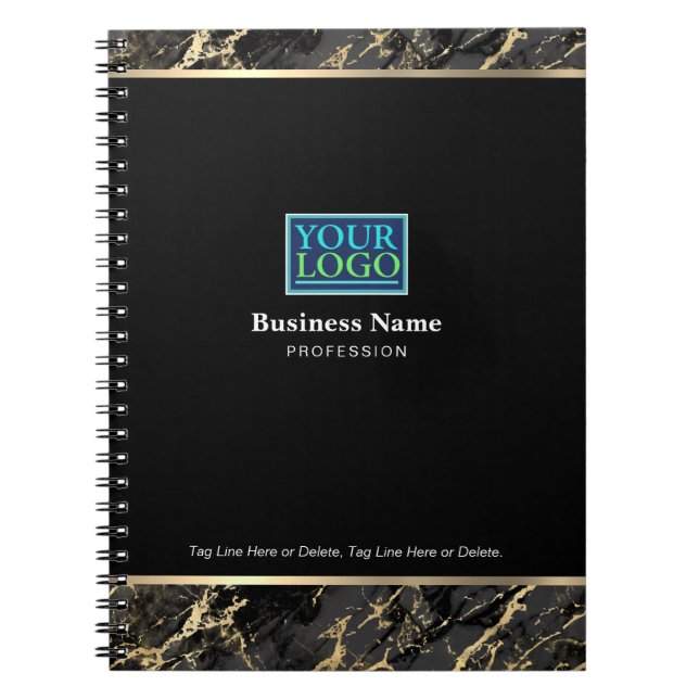 Your Logo, Business Name, Black/Gold Marble Notebook (Front)