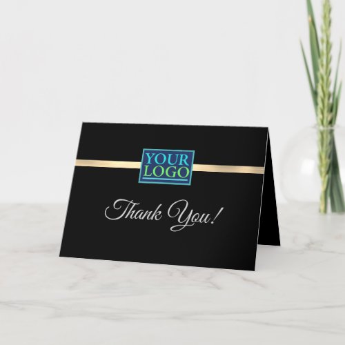 Your Logo Business Name Brushed Gold Stripe Black Thank You Card
