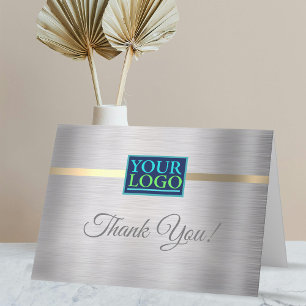 Your Logo, Business Name, Brushed Silver & Gold Letterpress Thank You Card
