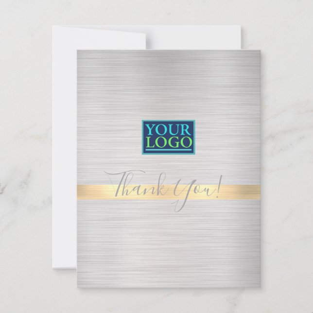 Your Logo Business Name Brushed Silver Gold Stripe Thank You Card (Front)