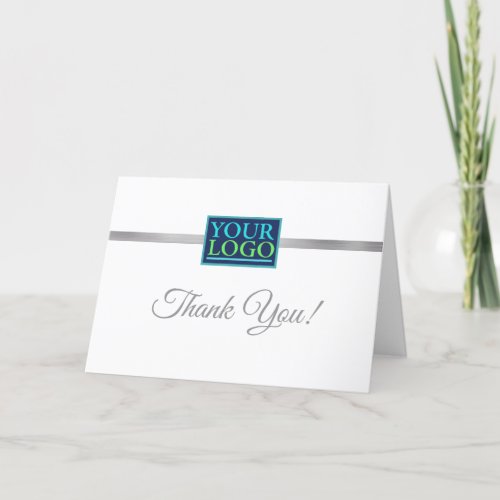 Your Logo Business Name Brushed Silver Stripe Wht Thank You Card