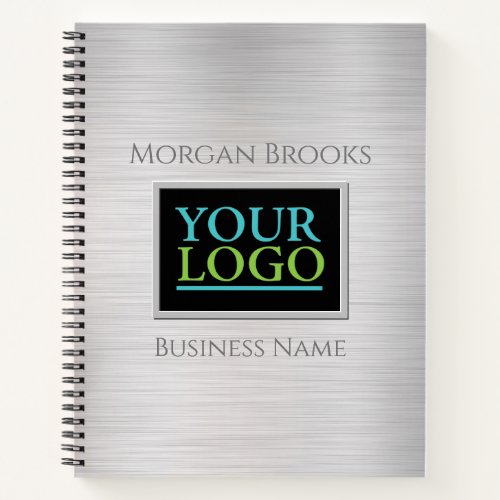 Your Logo Business Name Brushed Steel  Black Notebook