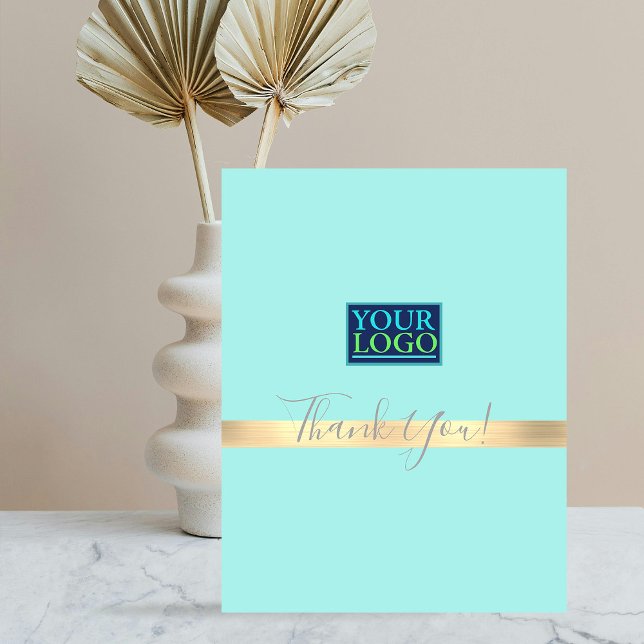 Your Logo, Business Name, Gold Stripe, Mint Green Thank You Card (Creator Uploaded)