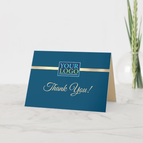 Your Logo Business Name Gold StripeOcean Blue Thank You Card