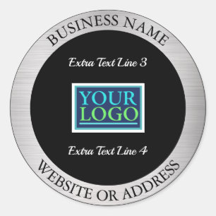 Your Logo Business Promo, Info, Silver Metal/Black Classic Round Sticker