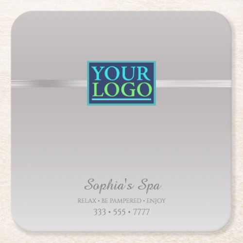 Your Logo Business Promo Name Info Silver Square Paper Coaster