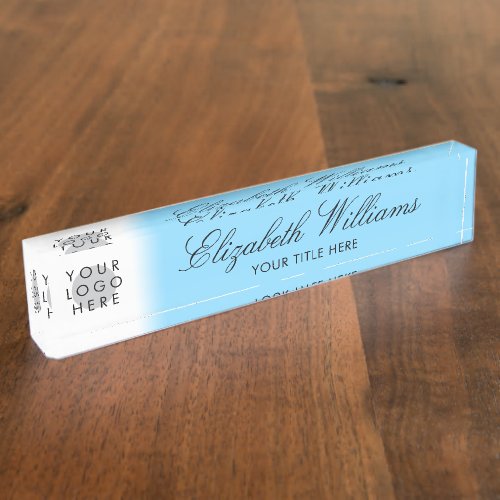 Your Logo Classy Elegant Sky Blue Script Desk Name Plate