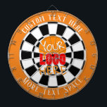 Your Logo Custom Orange and White Dart Board<br><div class="desc">Custom Your logo here dartboard with center logo upload option. Upload a file with no white background for best look on background. Add Text to the top and bottom of board or delete the text in the template space.</div>