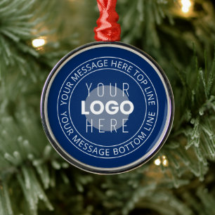 Your Logo & Customizable Circular Text Navy Blue Metal Ornament