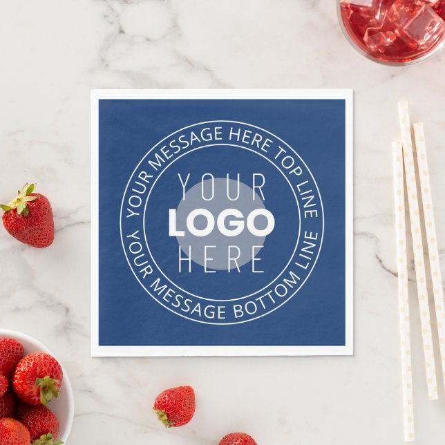 Your Logo & Customizable Circular Text | Navy Blue Napkins (Insitu)