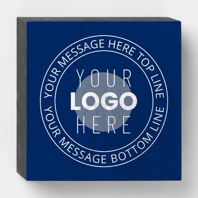 Your Logo & Customizable Circular Text | Navy Blue Wooden Box Sign (Front Horizontal)