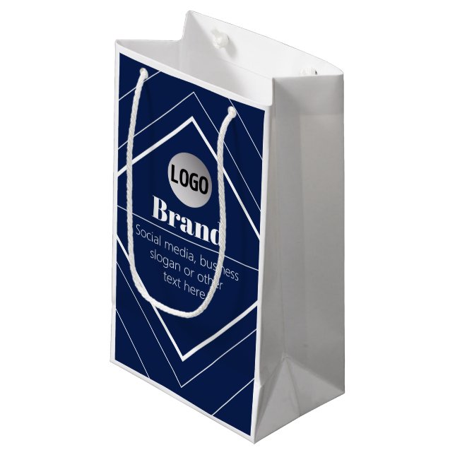 Your Logo & Customizable Modern Design | Navy Blue Small Gift Bag (Front Angled)