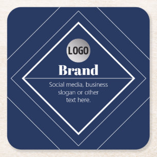 Your Logo & Customizable Modern Design   Navy Blue Square Paper Coaster